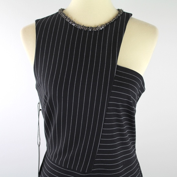 Ali & Jay Black White Pinstripe Ponte Halter MinDress Embellished Neckline L NWT - Picture 3 of 6
